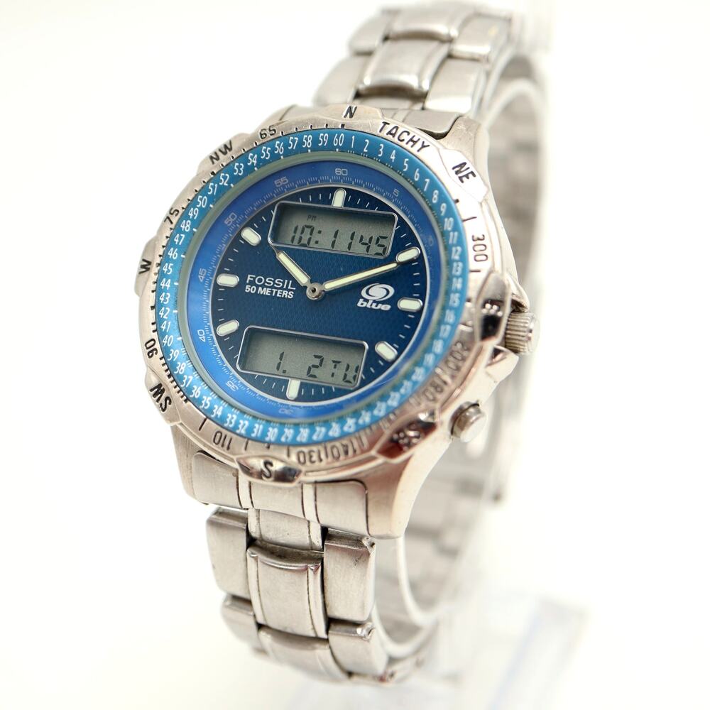 Vintage Fossil Blue Ana Digi 43mm Watch Alarm Chrono Timer Backlight AM3199